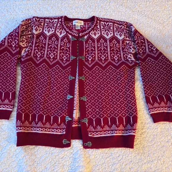 Talbots Sweaters - Vintage Talbots Red and White Nordic Faire Isle Wool Cardigan Size Large